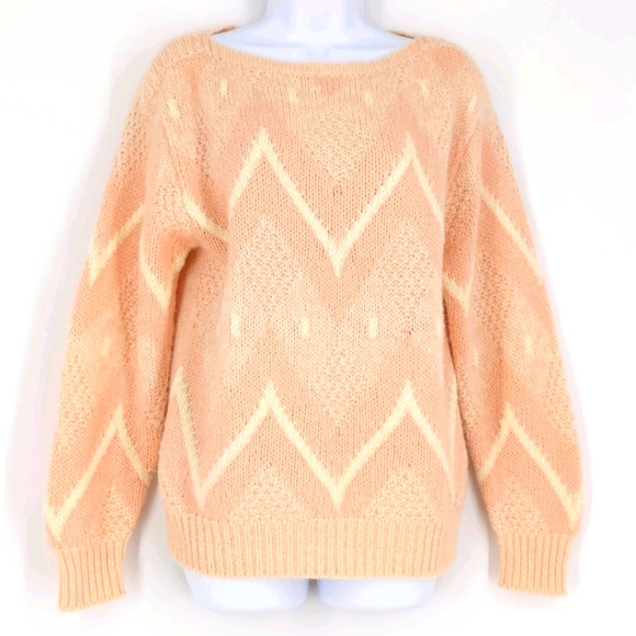 Vintage 80s Mohair Alpaca Blend Pink Chevron Cozy Knit Sweater Medium - Picture 1 of 7